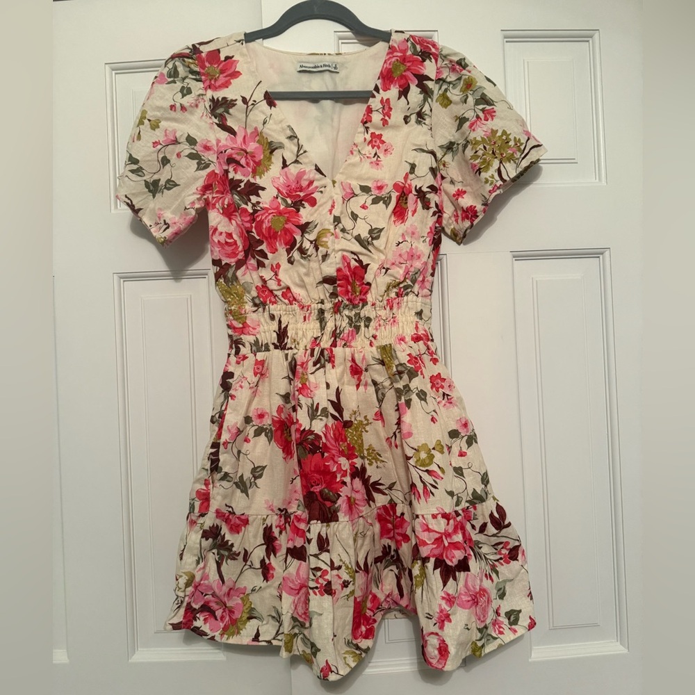 Abercrombie & Fitch Floral Smocked Waist Tiered Mini Dress Linen Blend